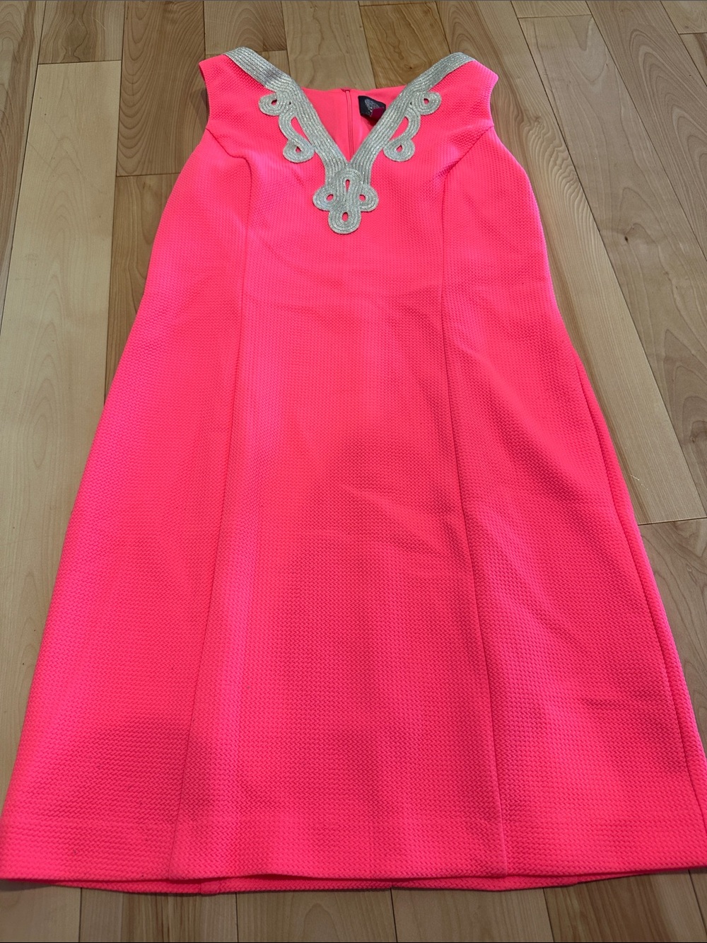 Bright Coral Pink Shift Dress with Gold Trim